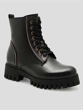 Sergio Bardi Black lace-up boots, Women's Lug Sole Combat Boots with Gold Trim